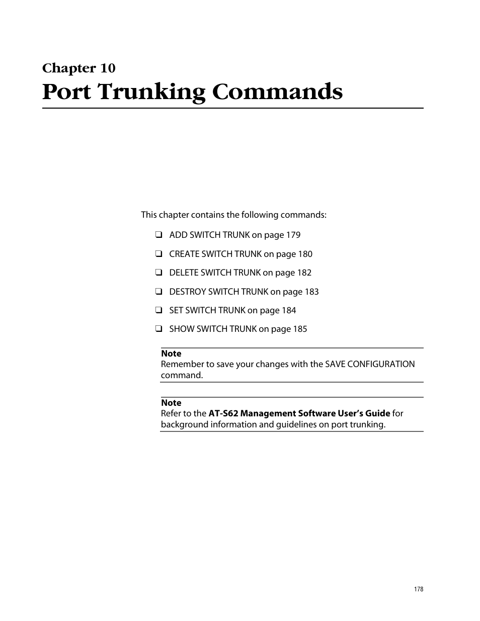 Chapter 10, Port trunking commands | Allied Telesis AT-S62 User Manual | Page 178 / 420