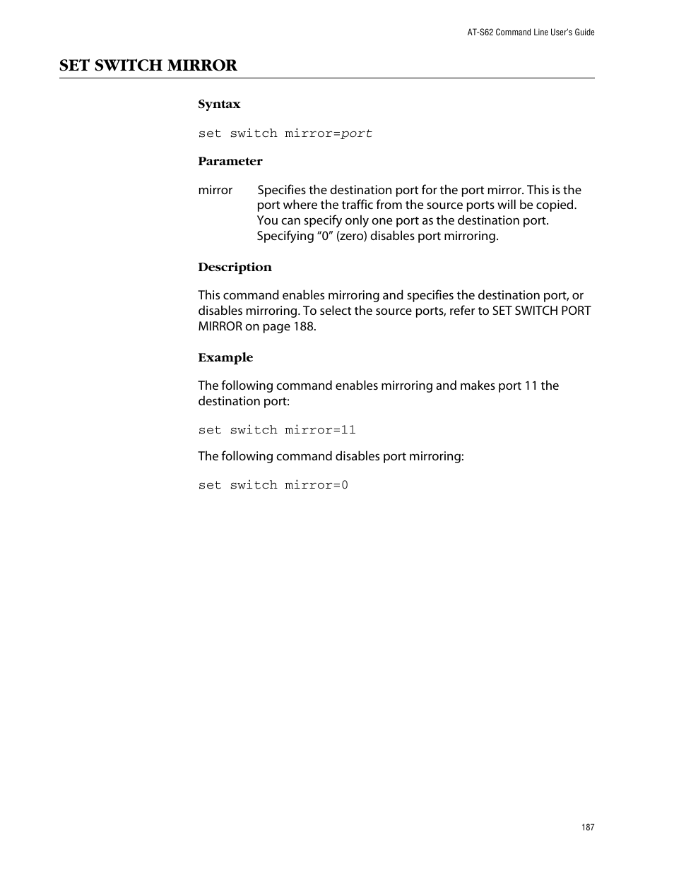 Set switch mirror | Allied Telesis AT-S62 User Manual | Page 187 / 420