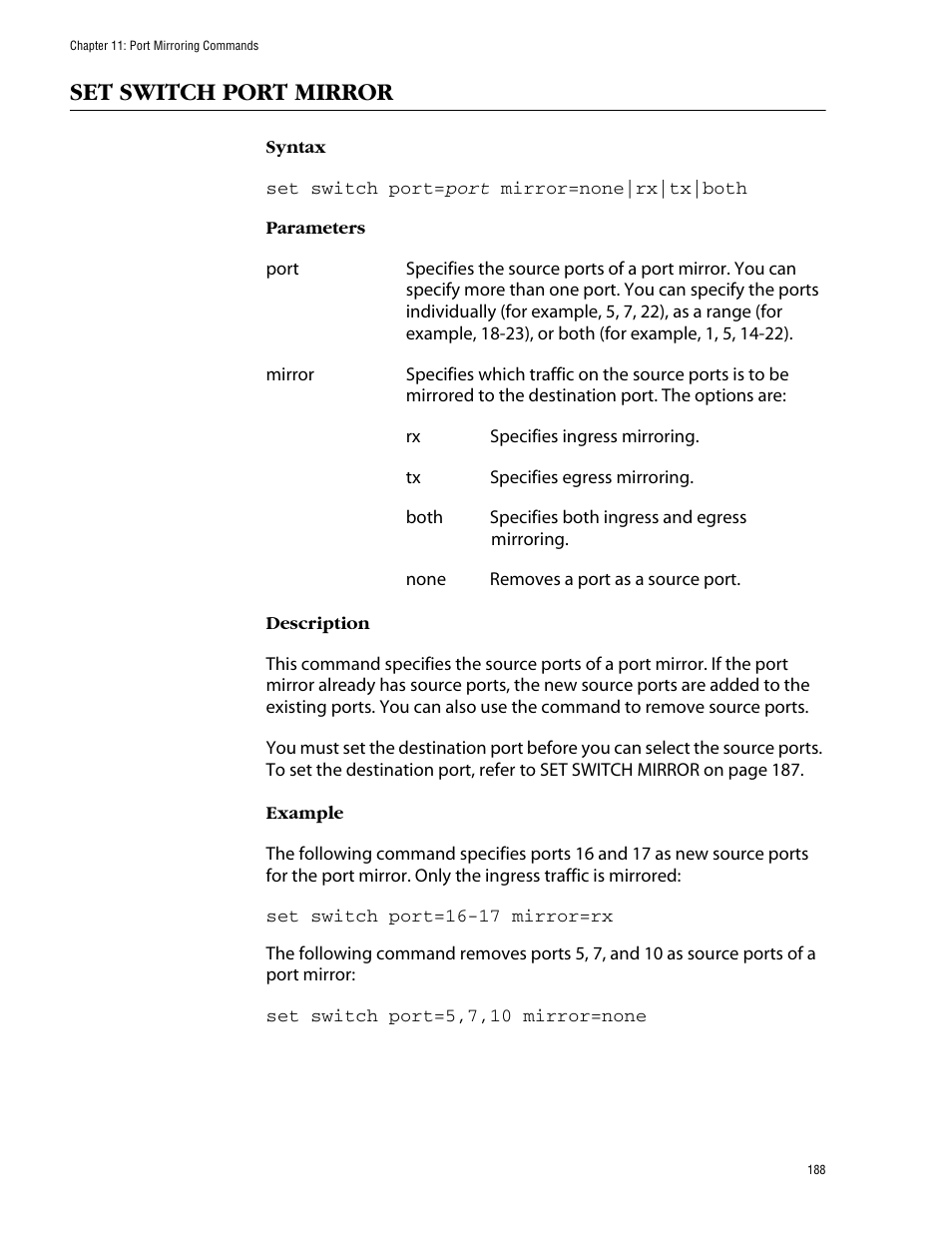 Set switch port mirror | Allied Telesis AT-S62 User Manual | Page 188 / 420