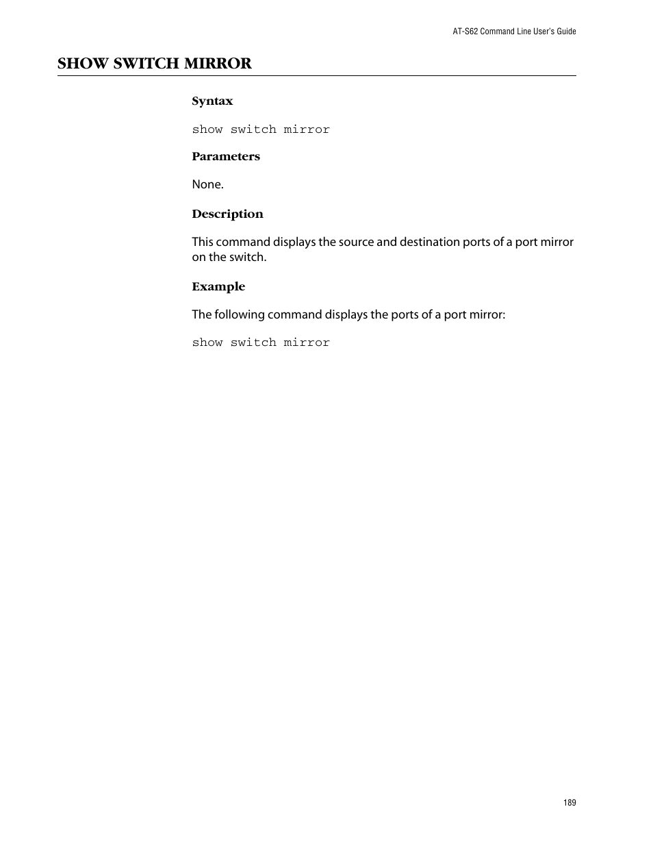 Show switch mirror | Allied Telesis AT-S62 User Manual | Page 189 / 420
