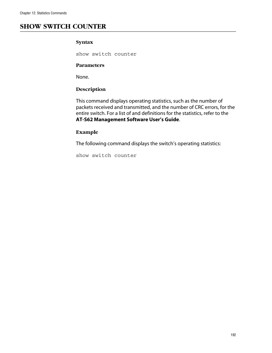 Show switch counter | Allied Telesis AT-S62 User Manual | Page 192 / 420