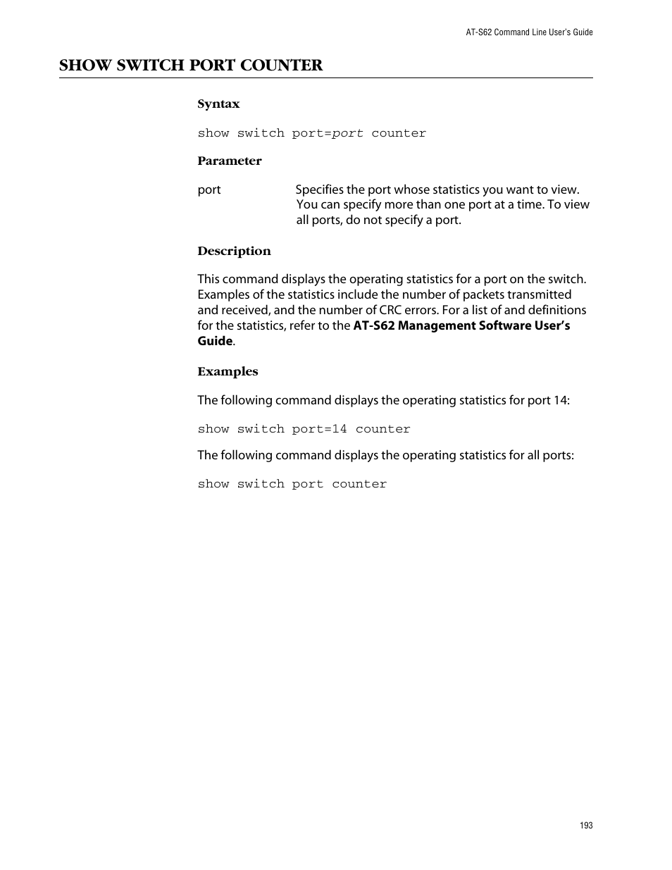 Show switch port counter | Allied Telesis AT-S62 User Manual | Page 193 / 420