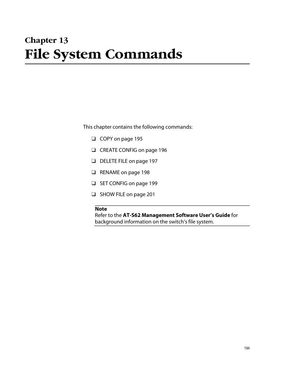 Chapter 13, File system commands | Allied Telesis AT-S62 User Manual | Page 194 / 420