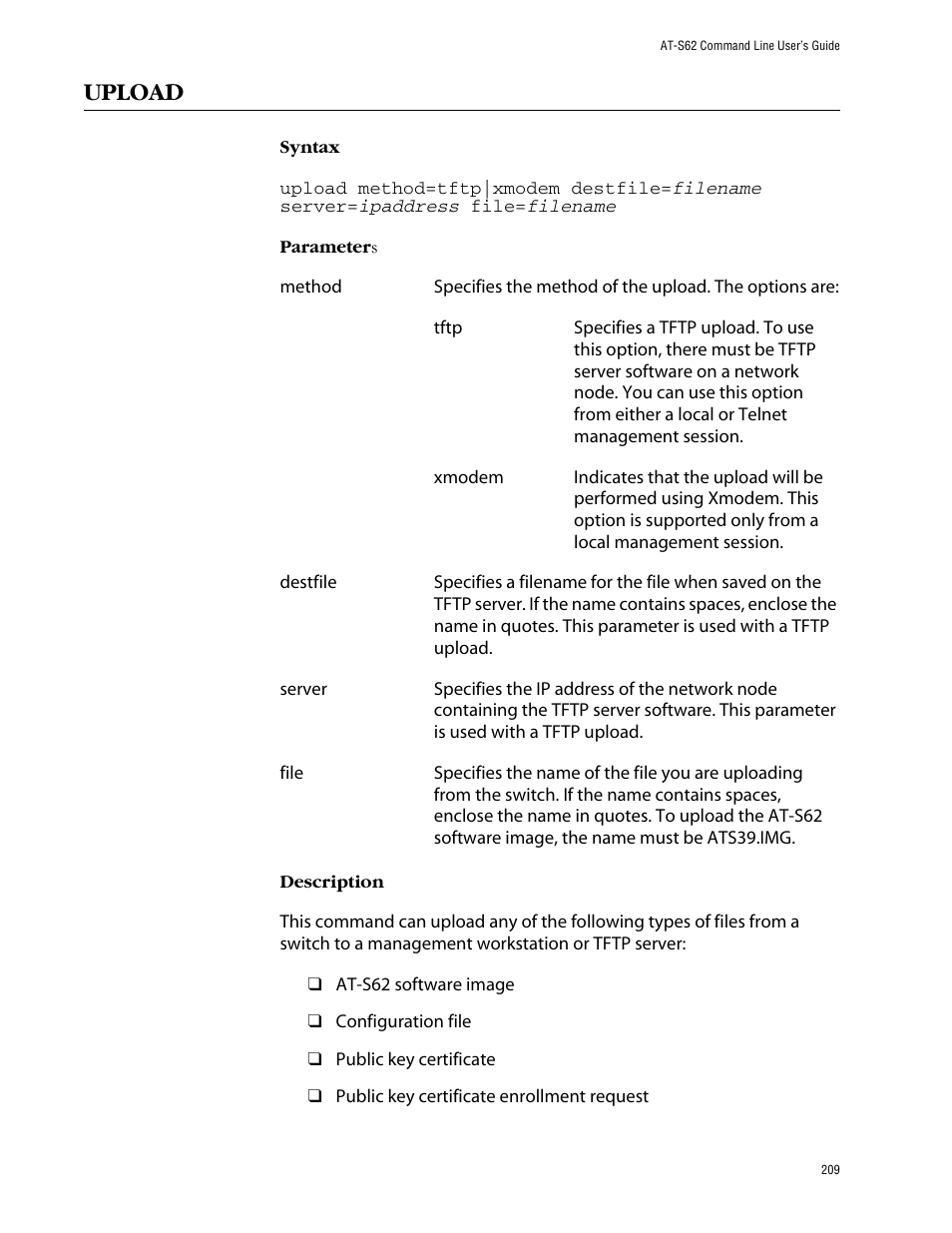 Upload | Allied Telesis AT-S62 User Manual | Page 209 / 420