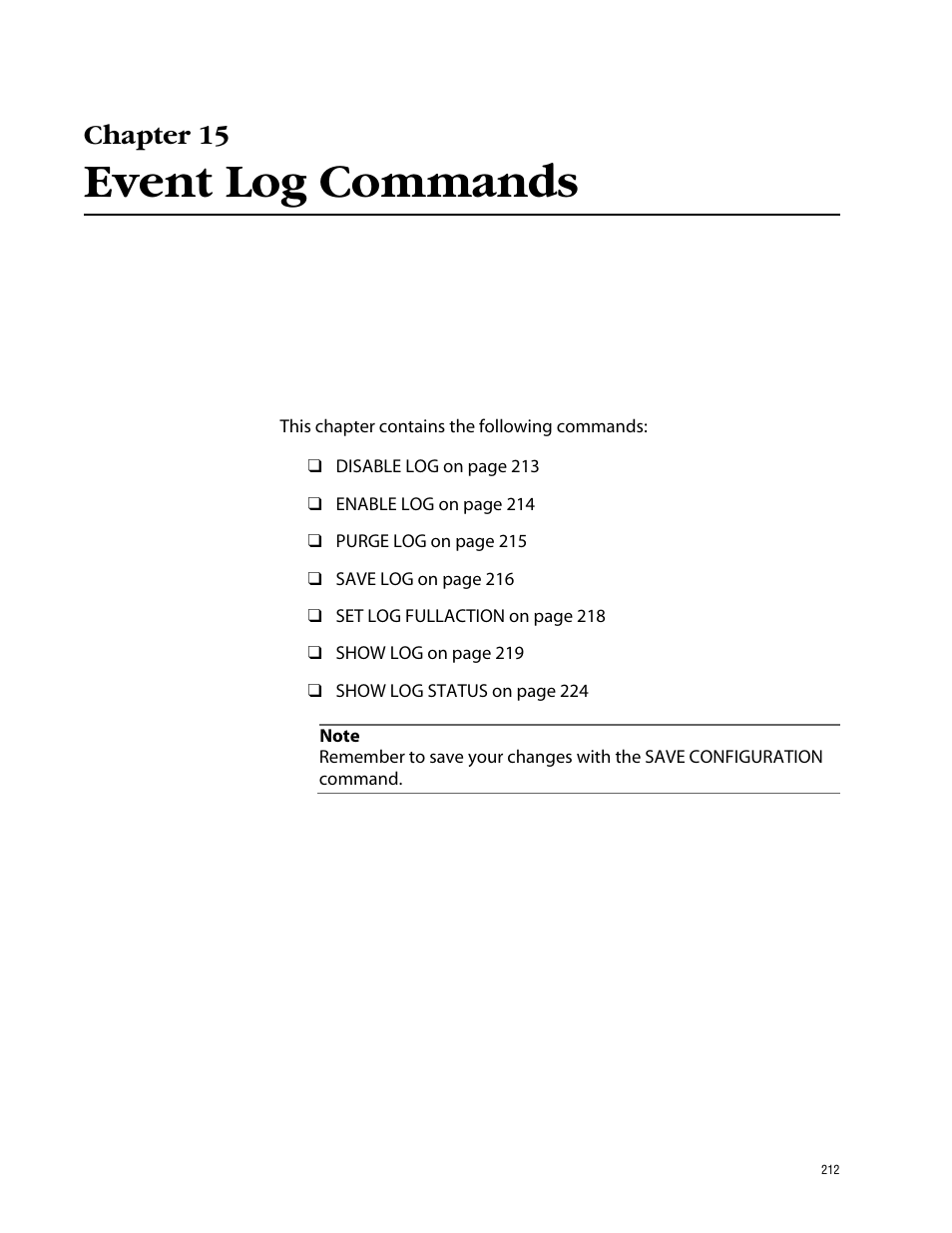 Chapter 15, Event log commands | Allied Telesis AT-S62 User Manual | Page 212 / 420