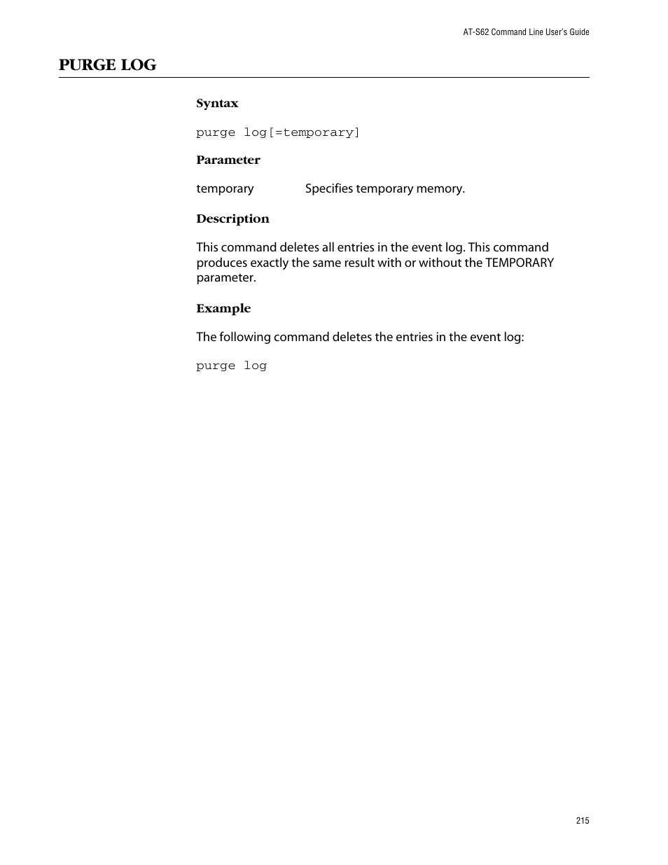 Purge log | Allied Telesis AT-S62 User Manual | Page 215 / 420