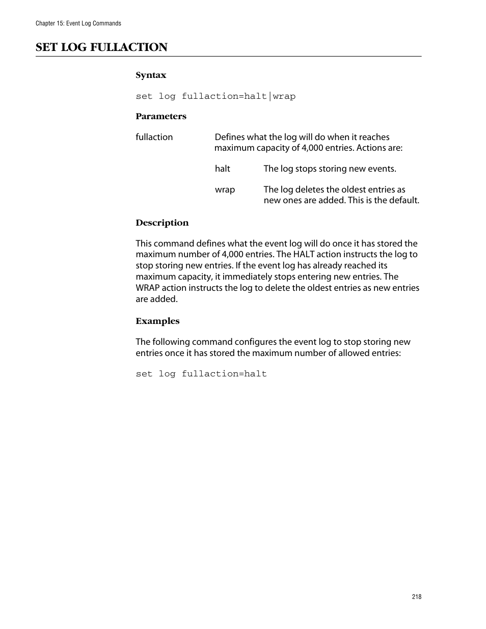 Set log fullaction | Allied Telesis AT-S62 User Manual | Page 218 / 420