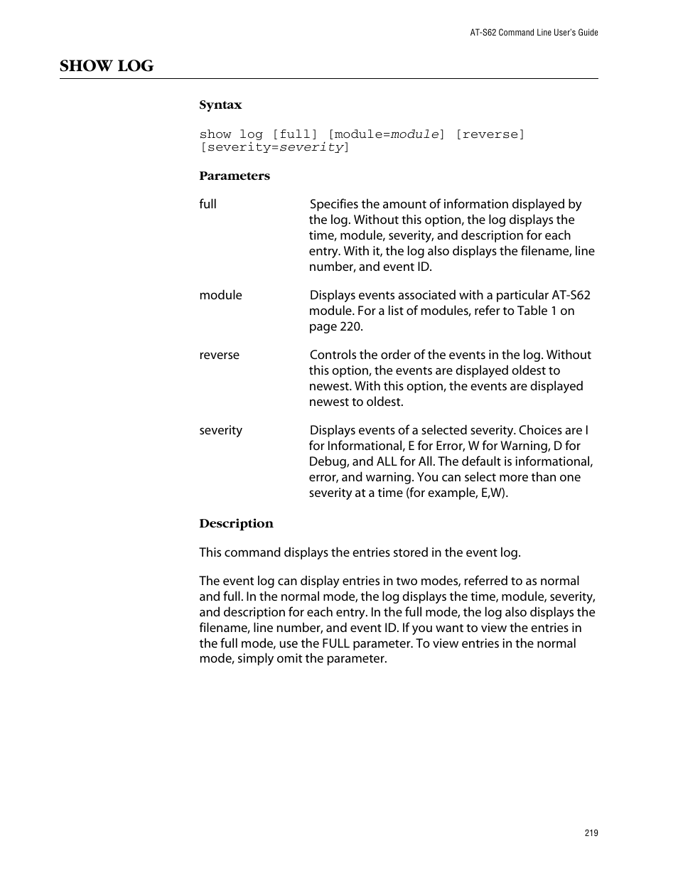 Show log | Allied Telesis AT-S62 User Manual | Page 219 / 420