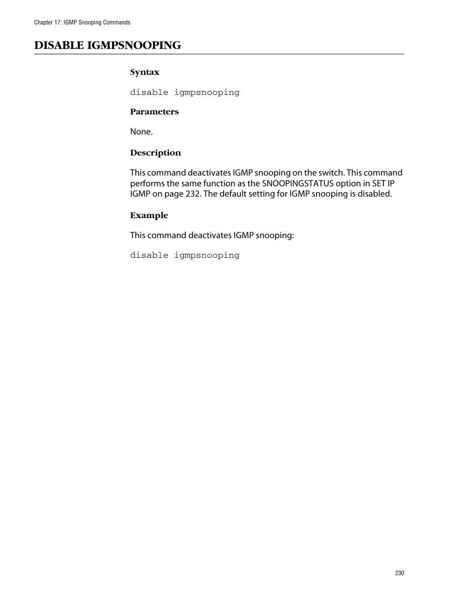 Disable igmpsnooping | Allied Telesis AT-S62 User Manual | Page 230 / 420