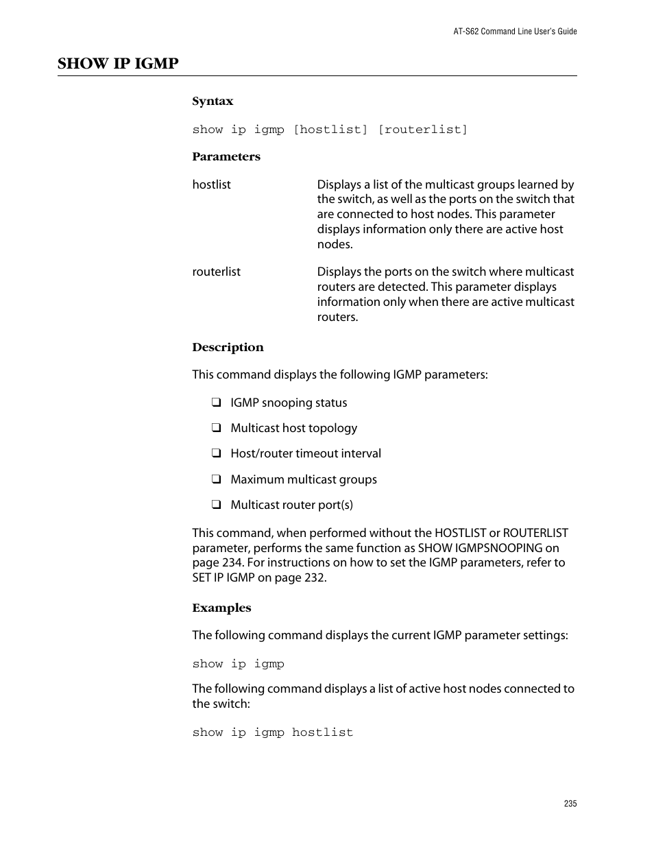 Show ip igmp | Allied Telesis AT-S62 User Manual | Page 235 / 420