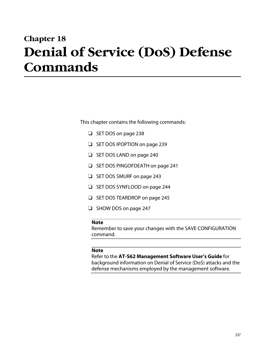 Chapter 18, Denial of service (dos) defense commands | Allied Telesis AT-S62 User Manual | Page 237 / 420