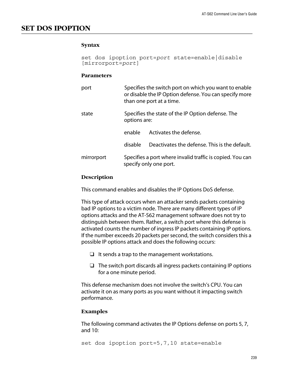 Set dos ipoption | Allied Telesis AT-S62 User Manual | Page 239 / 420