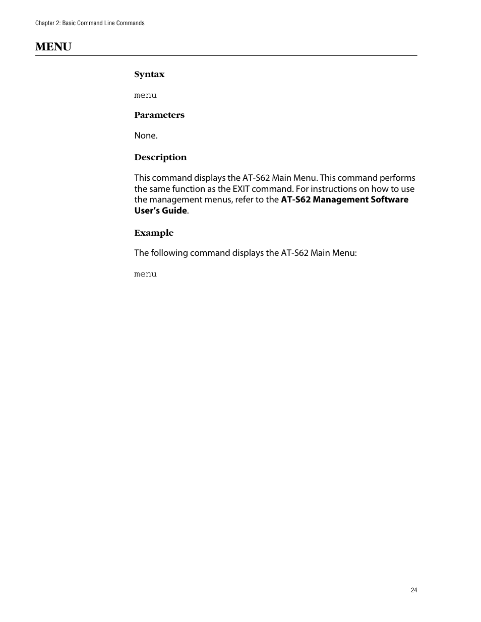 Menu | Allied Telesis AT-S62 User Manual | Page 24 / 420