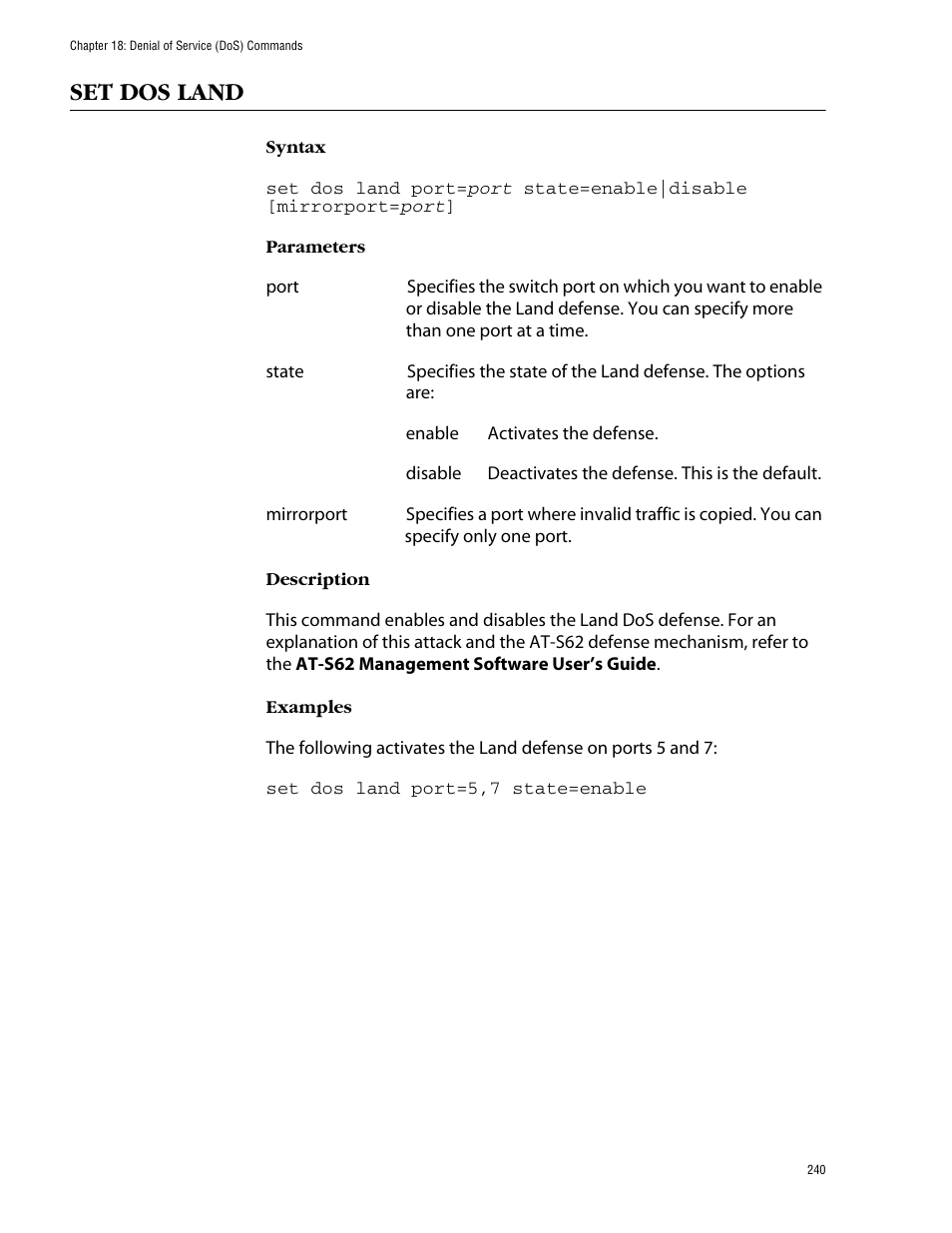 Set dos land | Allied Telesis AT-S62 User Manual | Page 240 / 420