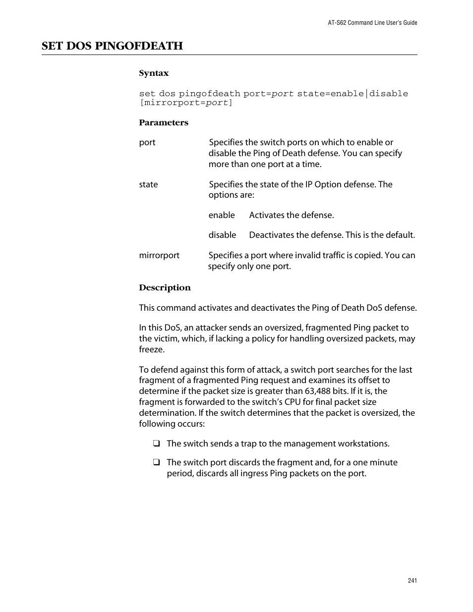Set dos pingofdeath | Allied Telesis AT-S62 User Manual | Page 241 / 420