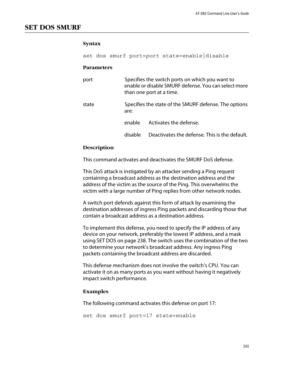 Set dos smurf | Allied Telesis AT-S62 User Manual | Page 243 / 420