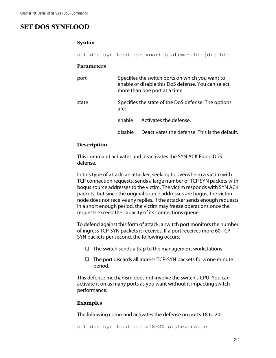 Set dos synflood | Allied Telesis AT-S62 User Manual | Page 244 / 420