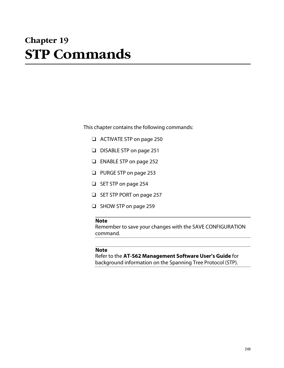 Chapter 19, Stp commands | Allied Telesis AT-S62 User Manual | Page 249 / 420