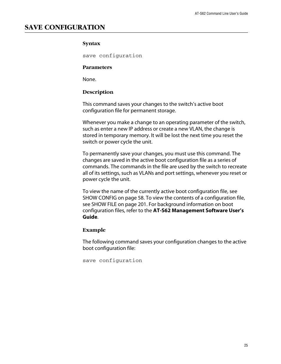 Save configuration | Allied Telesis AT-S62 User Manual | Page 25 / 420