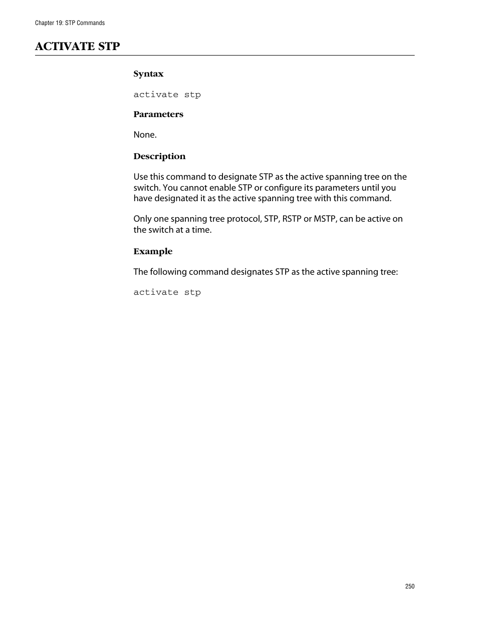 Activate stp | Allied Telesis AT-S62 User Manual | Page 250 / 420