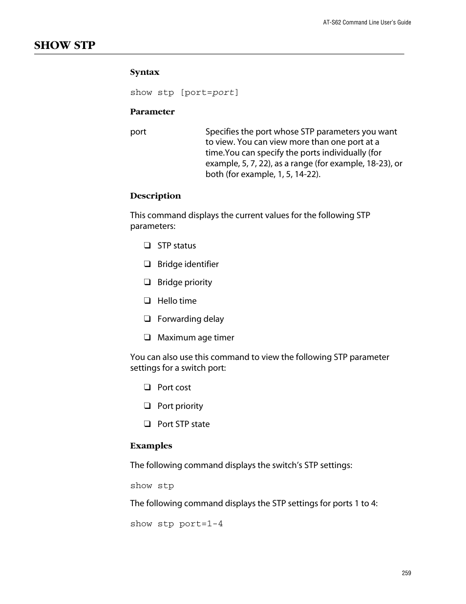 Show stp | Allied Telesis AT-S62 User Manual | Page 259 / 420