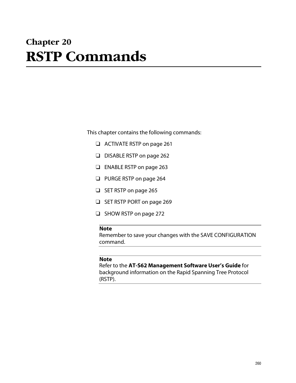 Chapter 20, Rstp commands | Allied Telesis AT-S62 User Manual | Page 260 / 420