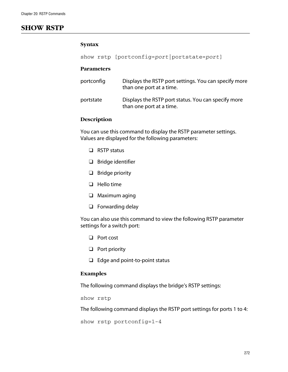 Show rstp | Allied Telesis AT-S62 User Manual | Page 272 / 420