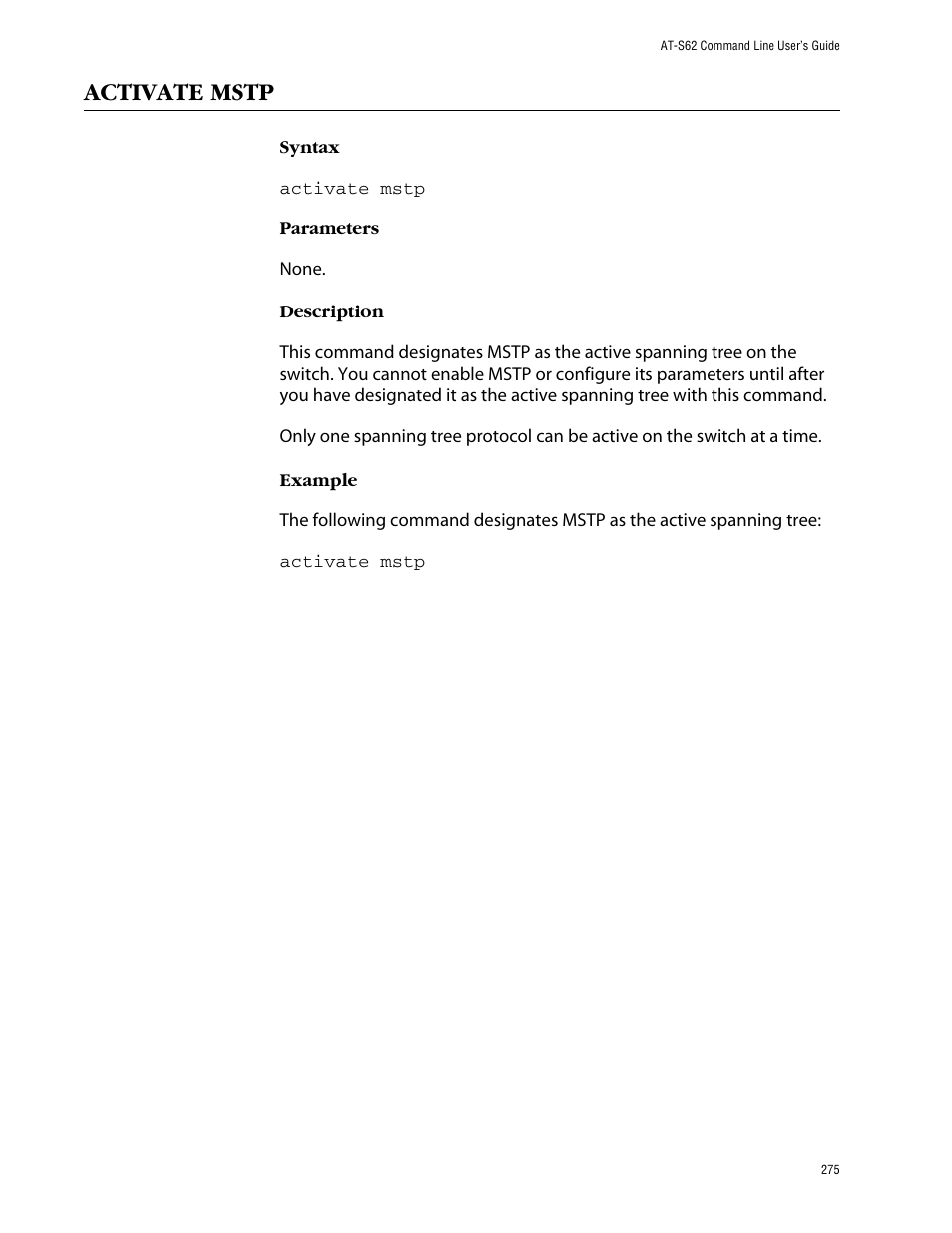 Activate mstp | Allied Telesis AT-S62 User Manual | Page 275 / 420