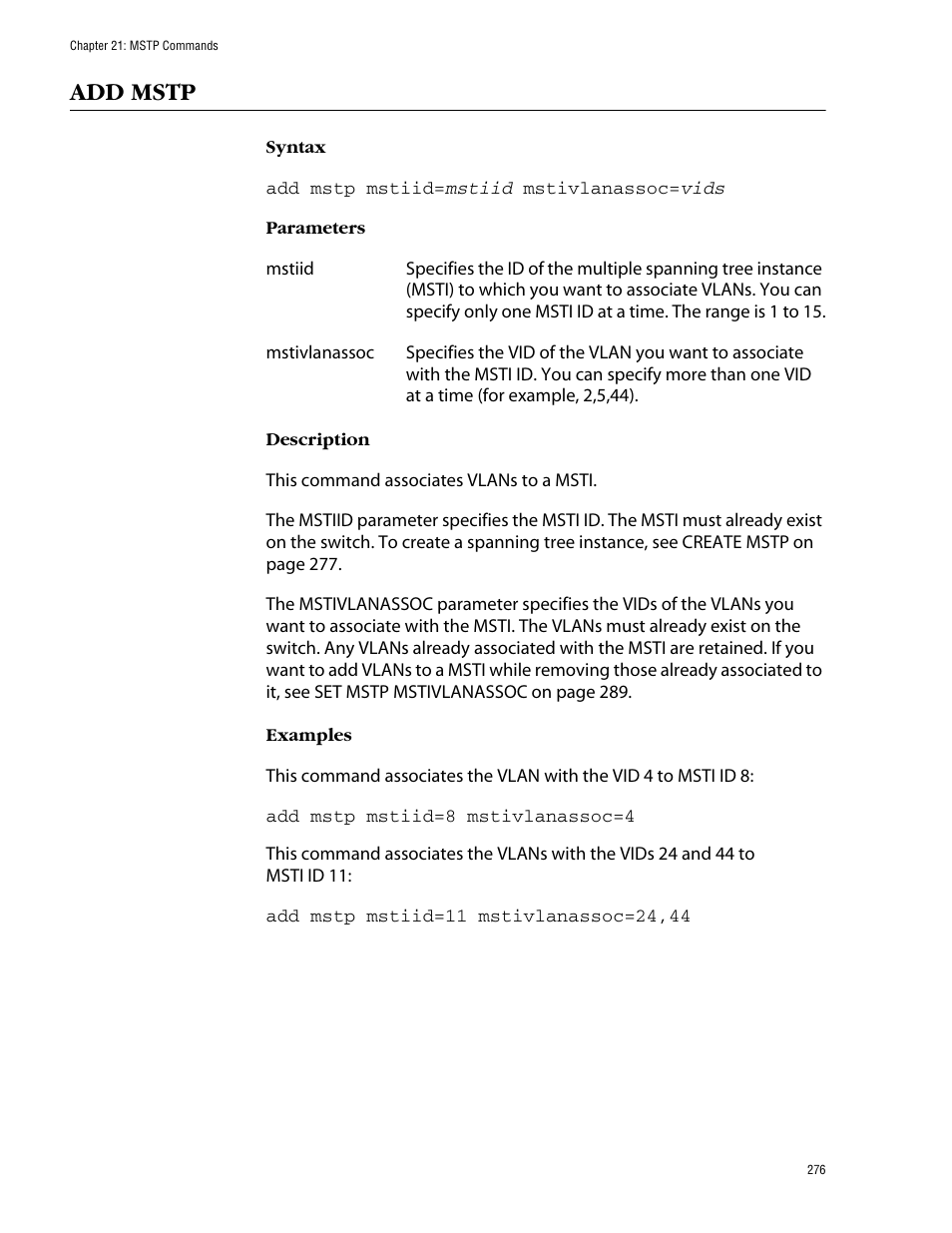 Add mstp | Allied Telesis AT-S62 User Manual | Page 276 / 420
