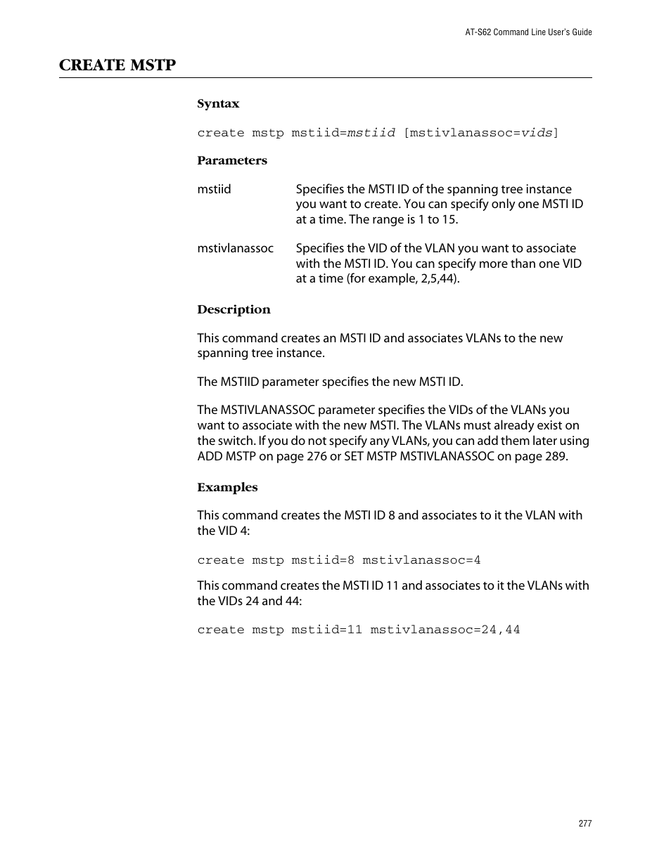 Create mstp | Allied Telesis AT-S62 User Manual | Page 277 / 420