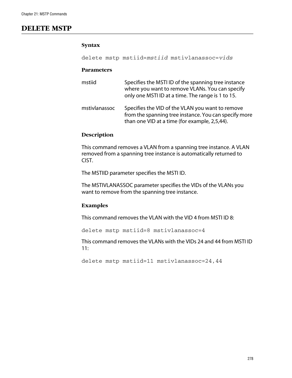 Delete mstp | Allied Telesis AT-S62 User Manual | Page 278 / 420