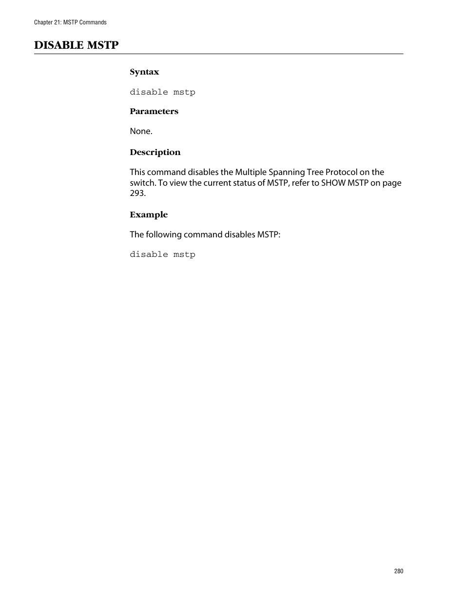 Disable mstp | Allied Telesis AT-S62 User Manual | Page 280 / 420