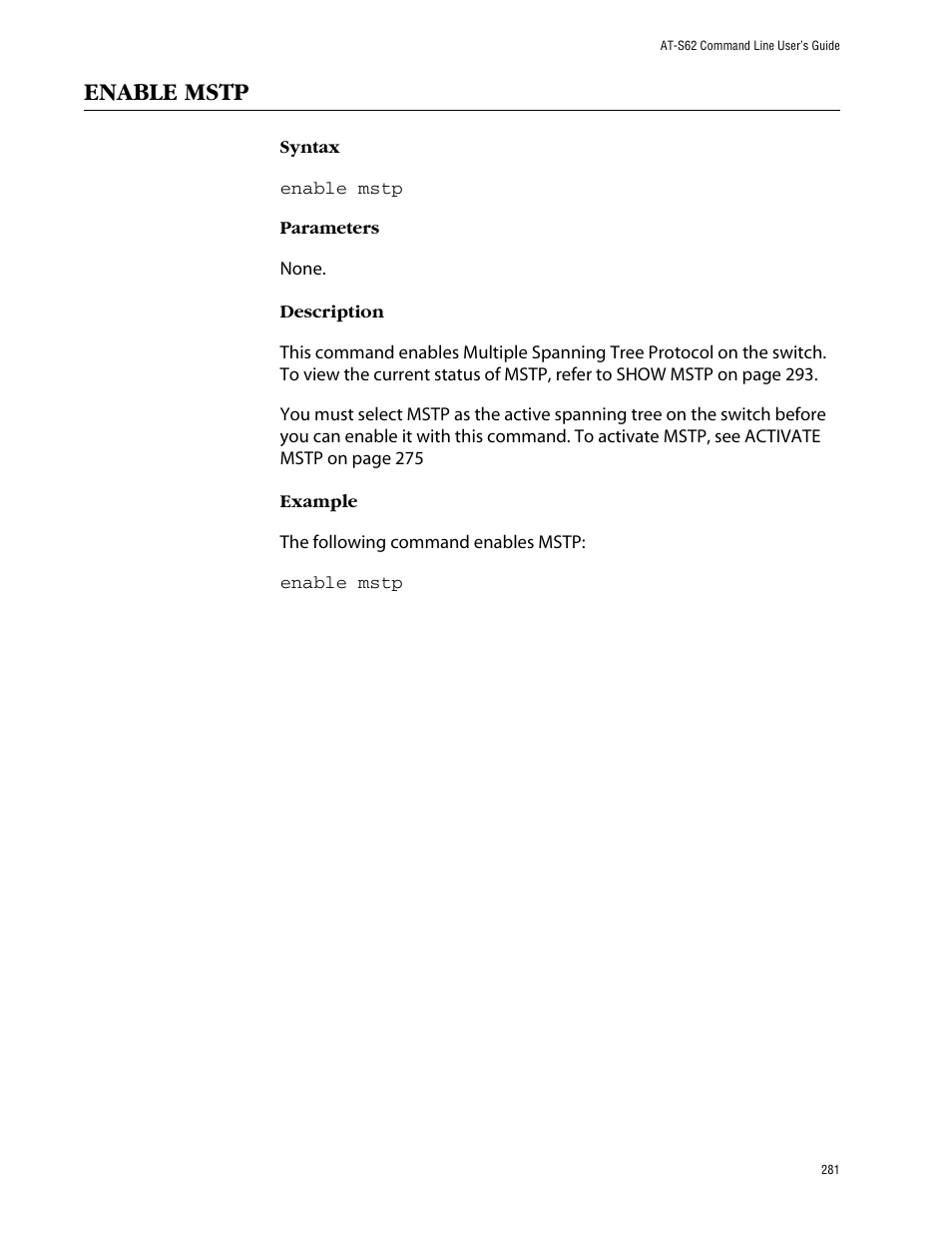 Enable mstp | Allied Telesis AT-S62 User Manual | Page 281 / 420
