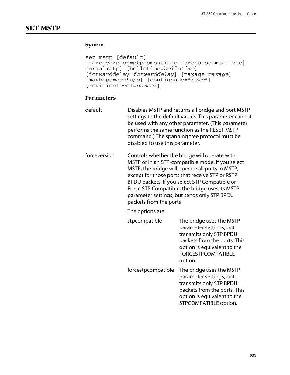 Set mstp | Allied Telesis AT-S62 User Manual | Page 283 / 420