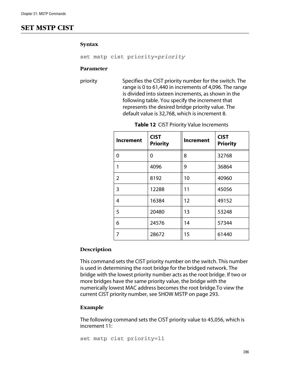 Set mstp cist | Allied Telesis AT-S62 User Manual | Page 286 / 420