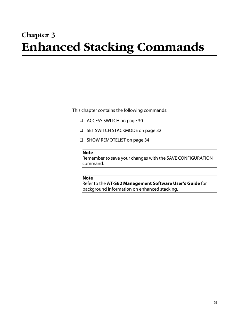 Chapter 3, Enhanced stacking commands | Allied Telesis AT-S62 User Manual | Page 29 / 420