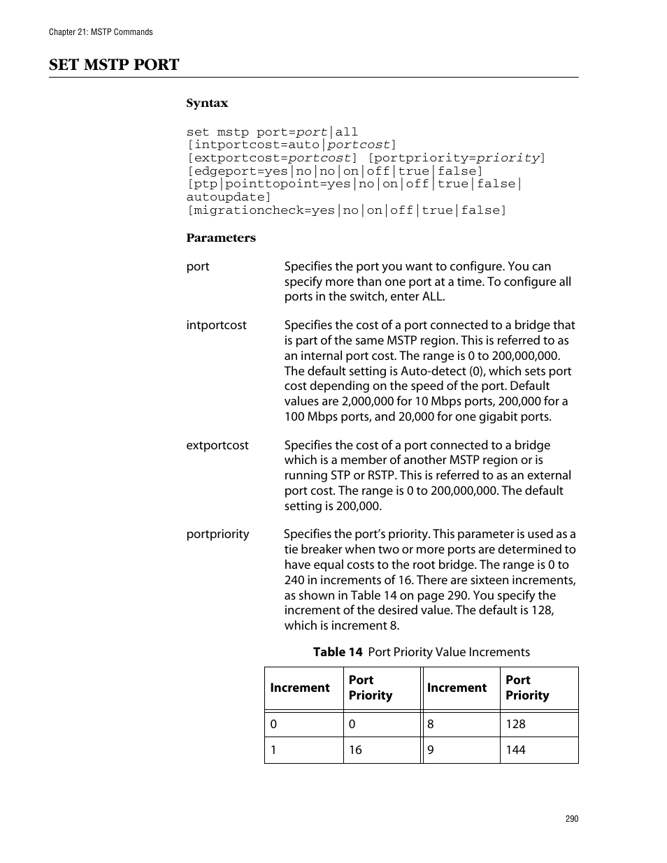 Set mstp port | Allied Telesis AT-S62 User Manual | Page 290 / 420