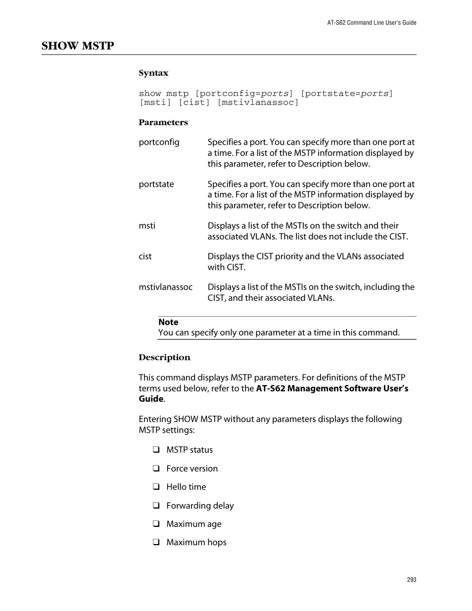 Show mstp | Allied Telesis AT-S62 User Manual | Page 293 / 420