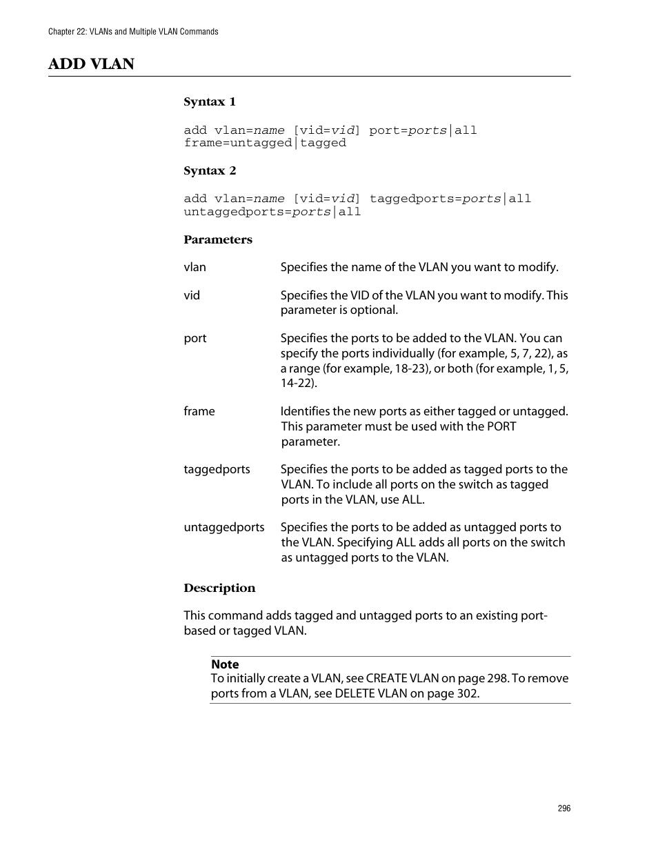 Add vlan | Allied Telesis AT-S62 User Manual | Page 296 / 420