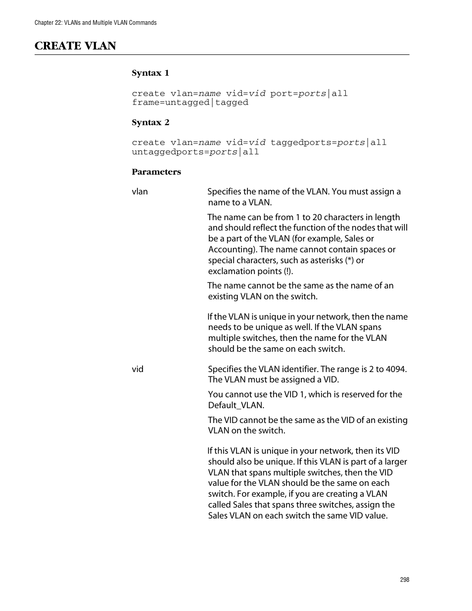 Create vlan | Allied Telesis AT-S62 User Manual | Page 298 / 420