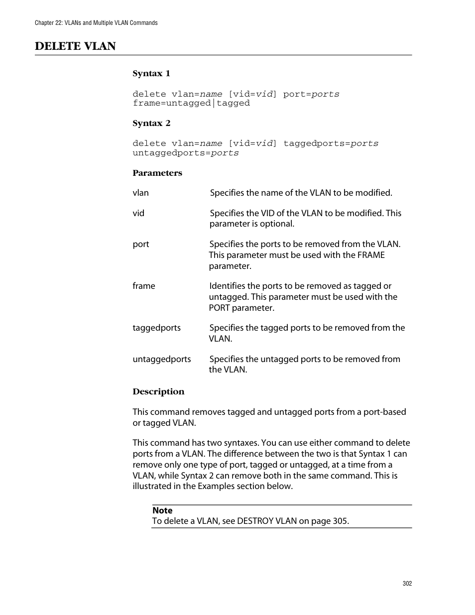 Delete vlan | Allied Telesis AT-S62 User Manual | Page 302 / 420