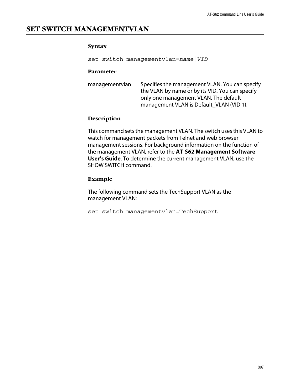 Set switch managementvlan | Allied Telesis AT-S62 User Manual | Page 307 / 420
