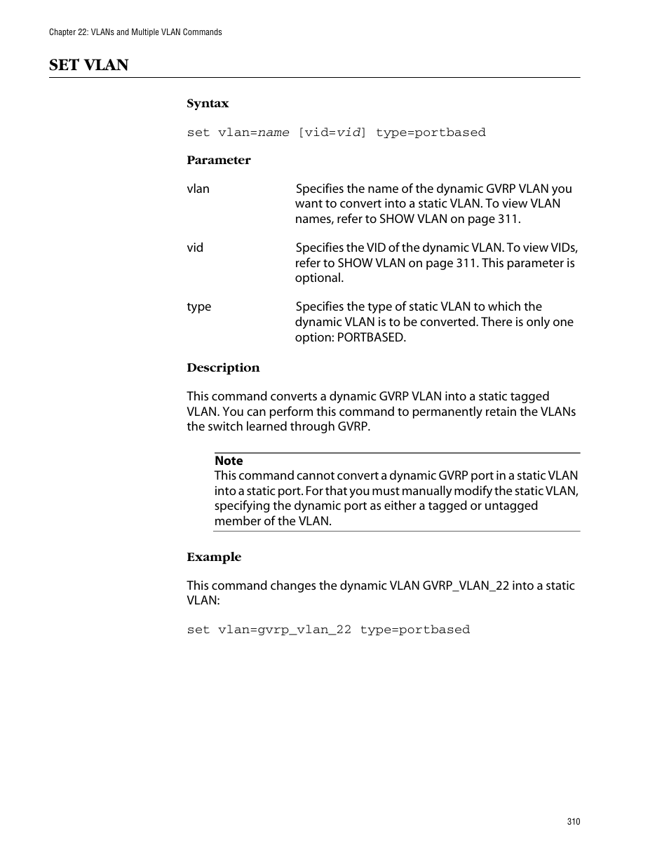 Set vlan | Allied Telesis AT-S62 User Manual | Page 310 / 420