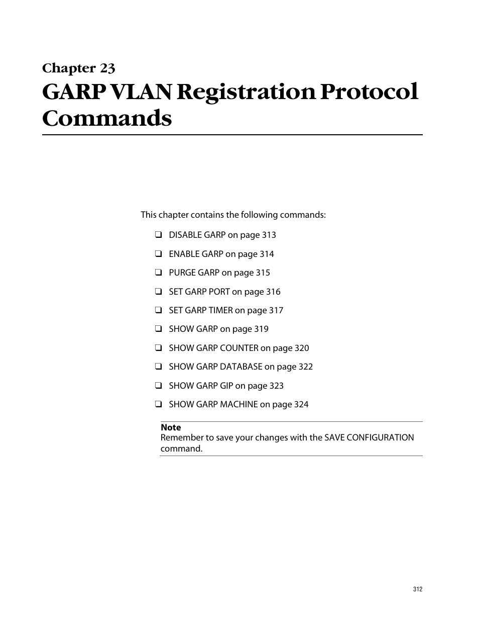 Chapter 23, Garp vlan registration protocol commands | Allied Telesis AT-S62 User Manual | Page 312 / 420