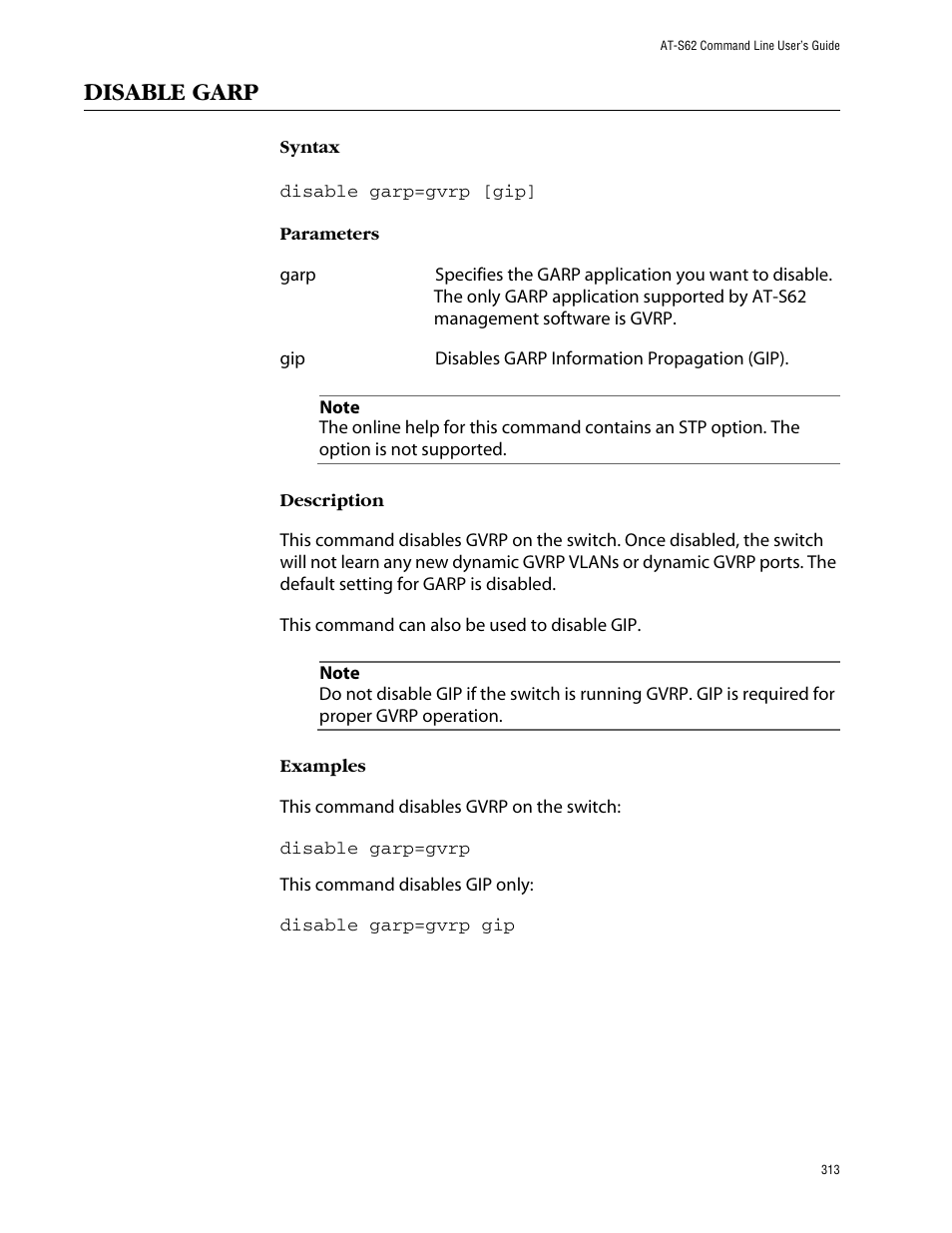 Disable garp | Allied Telesis AT-S62 User Manual | Page 313 / 420