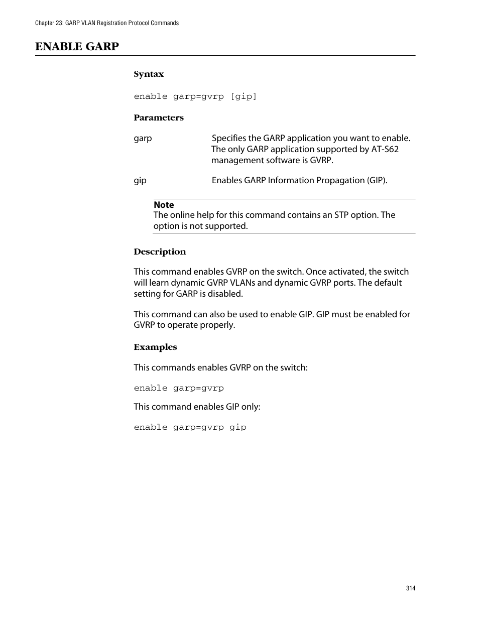 Enable garp | Allied Telesis AT-S62 User Manual | Page 314 / 420