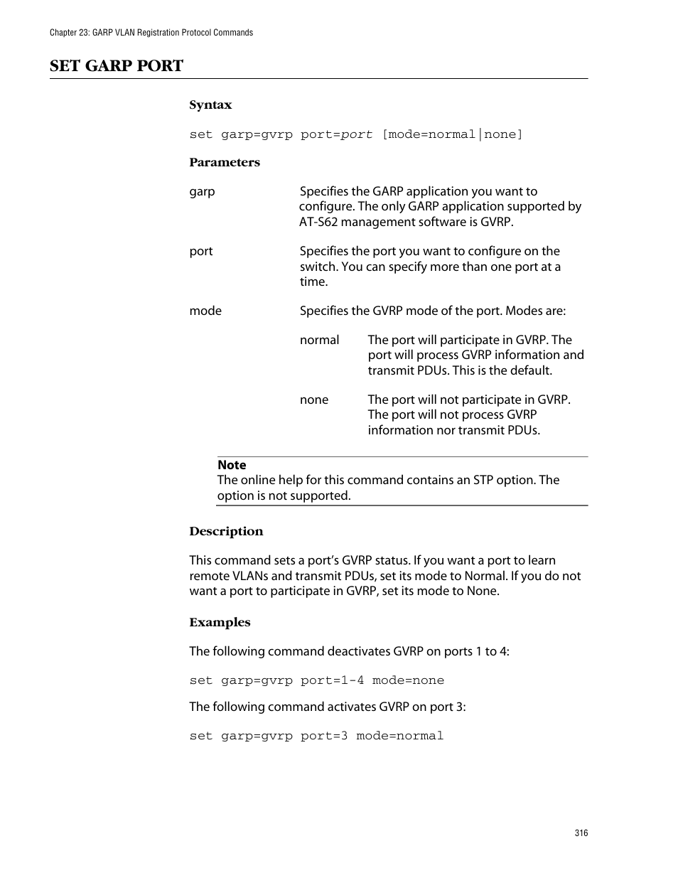 Set garp port | Allied Telesis AT-S62 User Manual | Page 316 / 420
