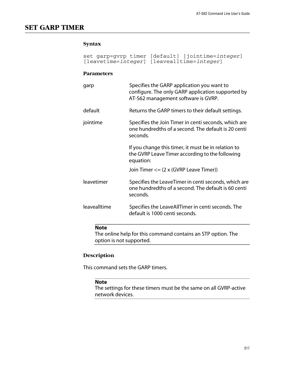 Set garp timer | Allied Telesis AT-S62 User Manual | Page 317 / 420