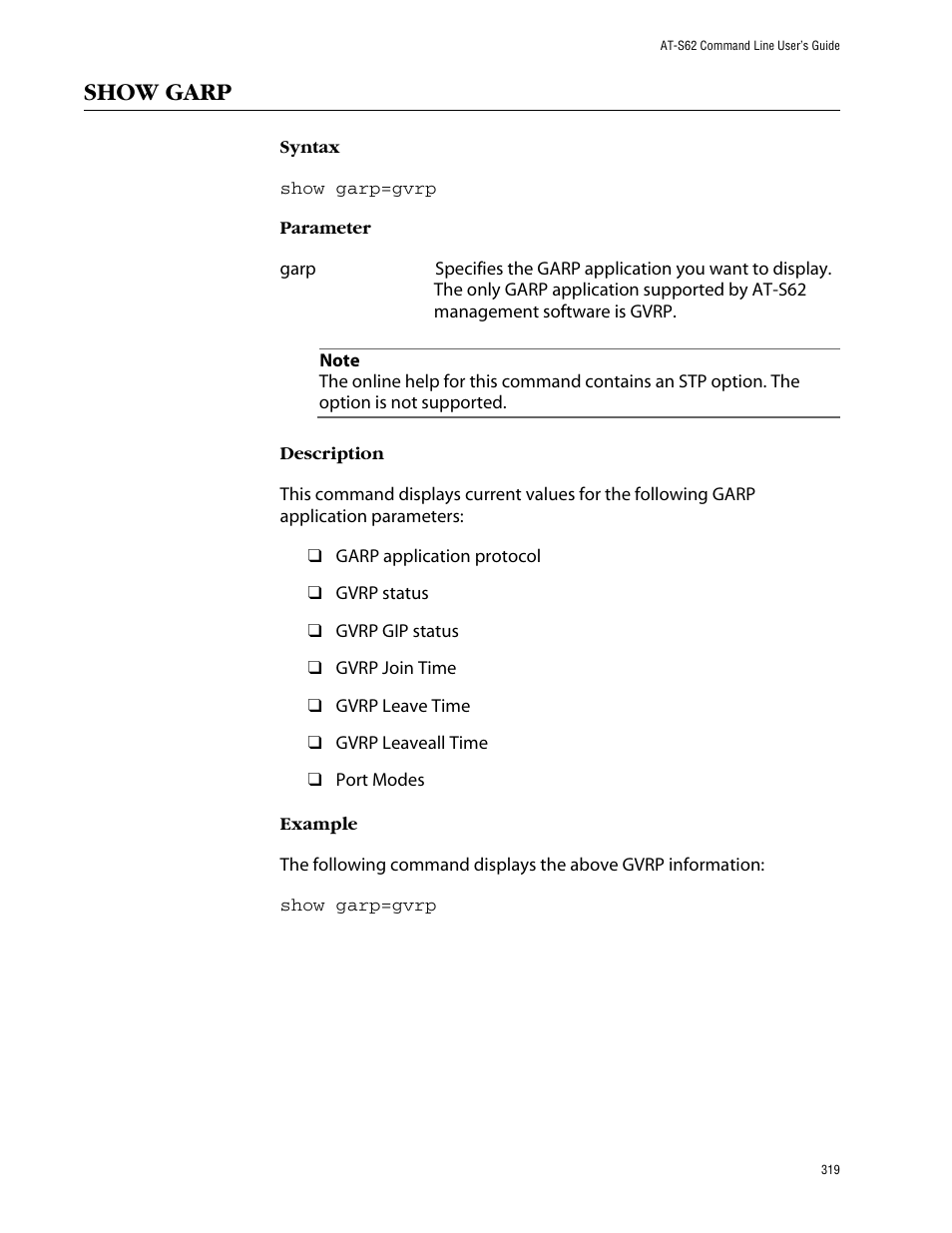 Show garp | Allied Telesis AT-S62 User Manual | Page 319 / 420