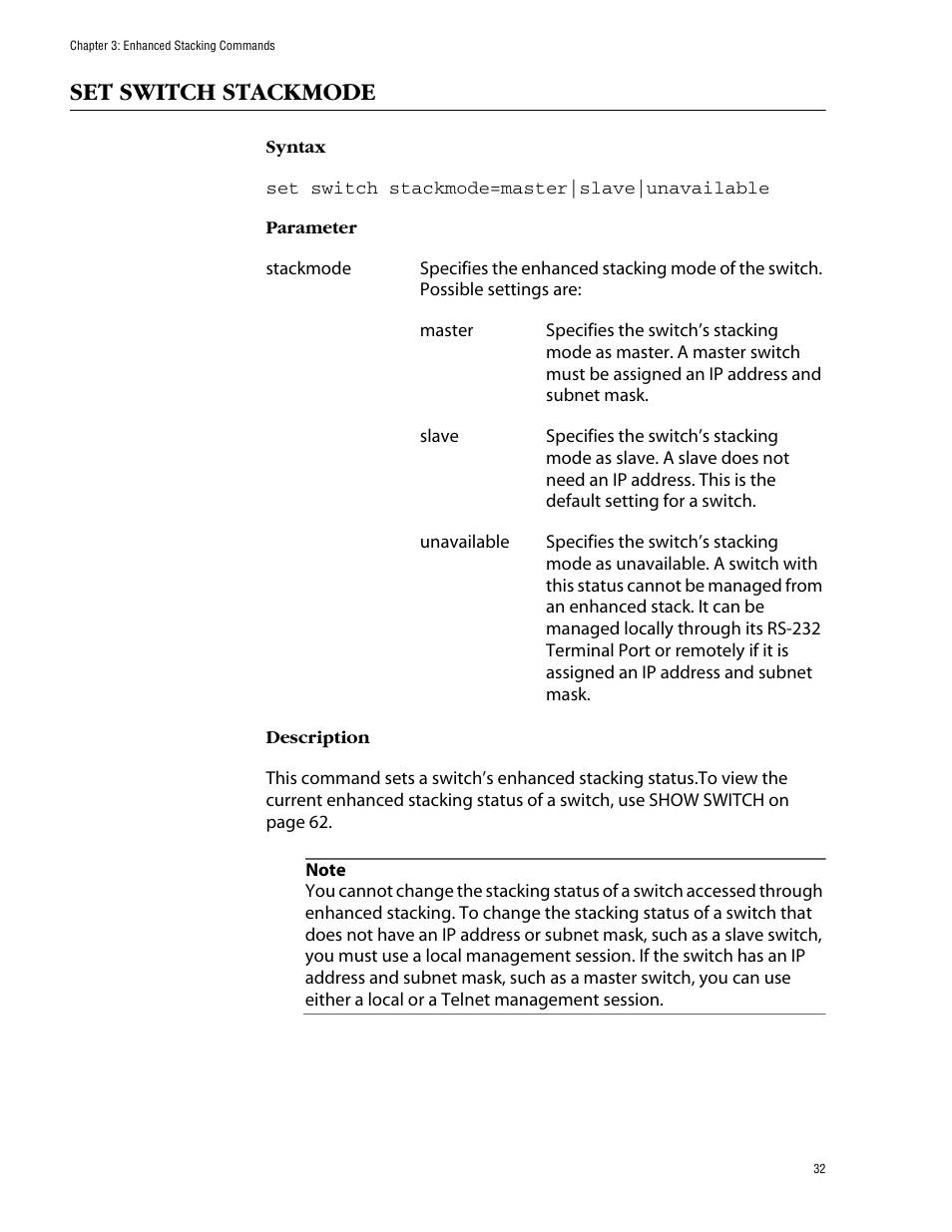 Set switch stackmode | Allied Telesis AT-S62 User Manual | Page 32 / 420